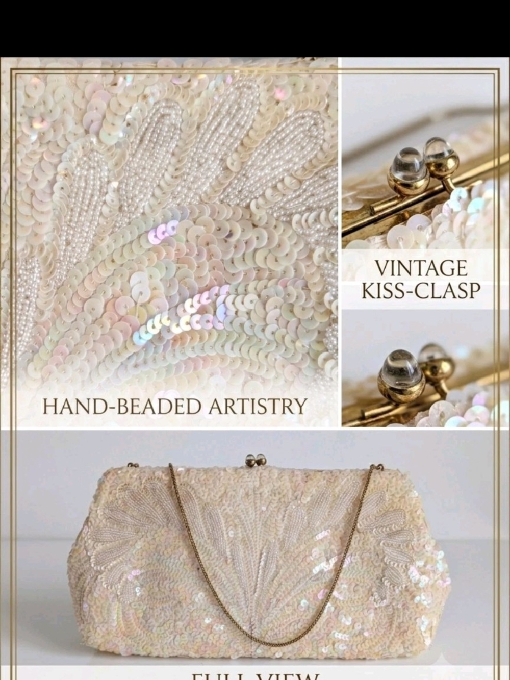 VTG 60s Josef Beaded Sequin Clutch Purse Cream Iridescent Hand Beaded In France
